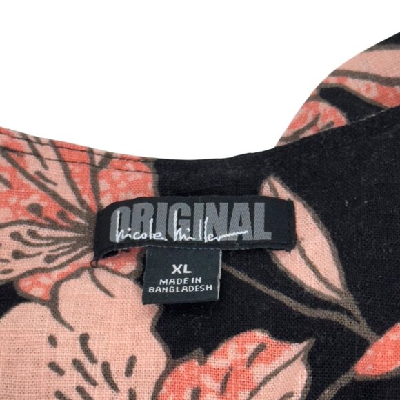 Nicole Miller Womens Black Floral V-Neck Short Sleeve Linen Blend Tunic Dress XL - Picture 2 of 11